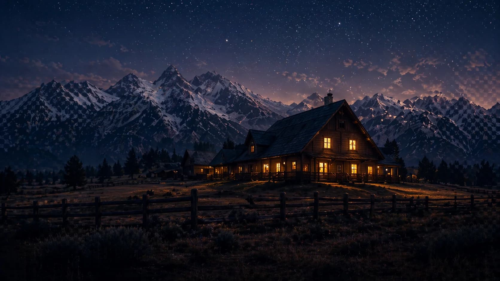 A small cabin under a starry sky